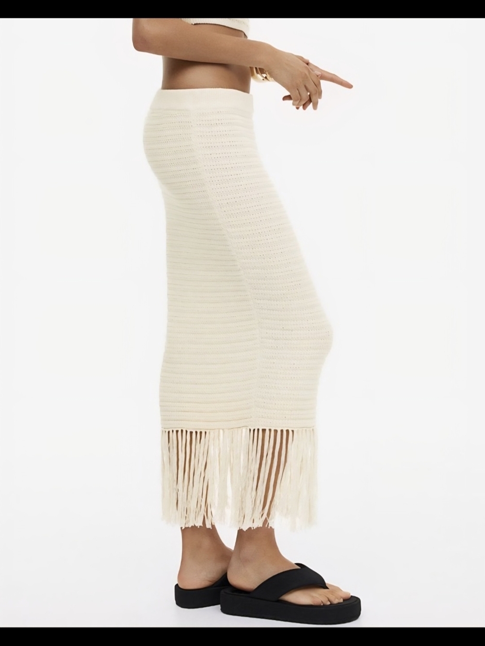 Fringe Hem Cream Knit Maxi Skirt NWOT